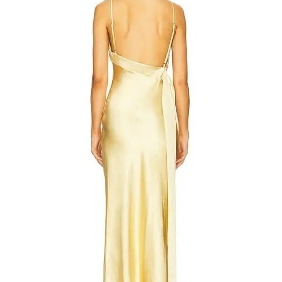 SNDYS Spain Maxi Dress in Gold backless flowy draped satin silk formal gown - Picture 9 of 9